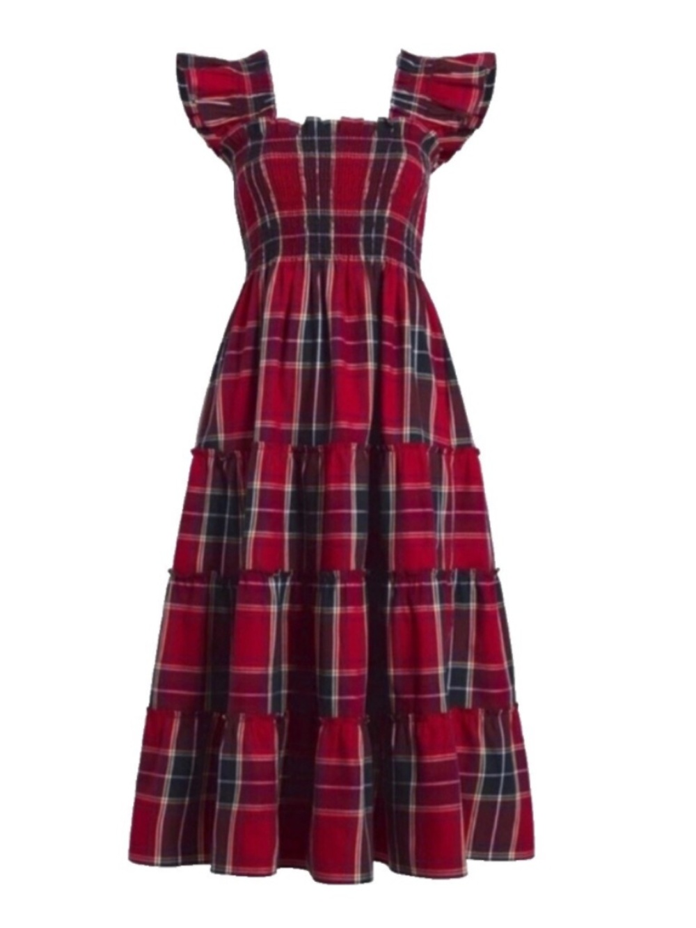 Hill House Home Ellie Nap Dress Cherry Tartan Plaid Smocked Midi Dress Pockets
